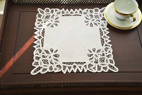 White Square Battenburg Lace Doilies. 12" x 12" Square. Each